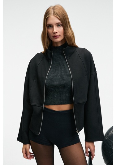 VIVETY Kadın Dik Yakalı Metal Fermuarlı Korse Görünümlü Bele Oturan Regular Siyah Ceket