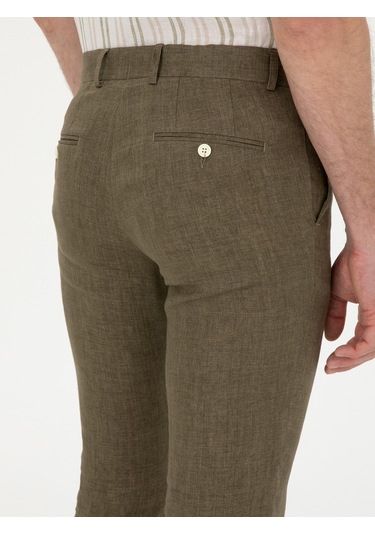 Cacharel Haki Slim Fit %100 Keten Pantolon Yesıl