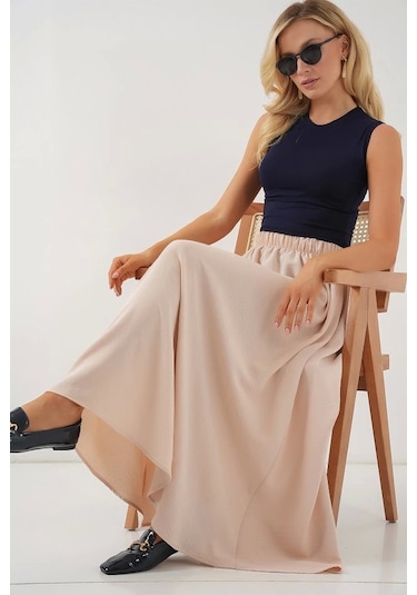 Defymoda Uzun Ayrobin Etek 8050 - Bej Bej