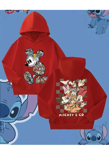Kışlık Kapüşonlu Mickey & Minnie Mouse Sweatshirt Kırmızı