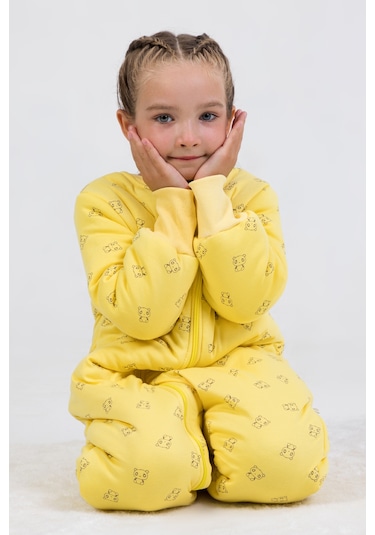 Kız Erkek Çocuk Kalın Elyaf Dolgulu Premium Kalite 2.5 Tog Desenli Uyku Tulumu Sarı - Siyah