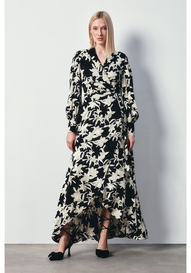 Sateen Çiçek Desenli Uzun Elbise - Siyah