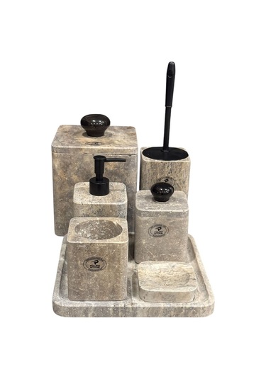 Silver Traverten Kare Model Yedi Parça Banyo Seti Beyaz