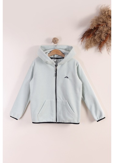 Monox Lastik Manşetli Fermuarlı Kapüşonlu Çocuk Unisex Polar Ceket Su Yeşili