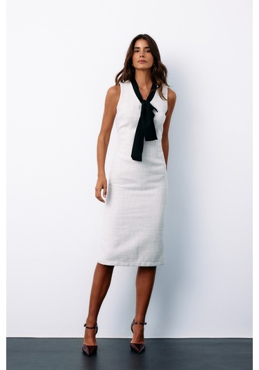 Sateen Fularlı Kolsuz Tüvit Elbise - Taş-135149 Taş