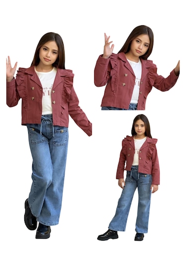 Kız Çocuk Ceket Fırfır Detay Kiremit Renk Ceket Tişört Üçlü Takım Kiremit