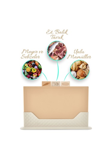 4'lü Tezgah Üstü Yatay Standlı Kesme Tahtası - Çoklu Doğrama Tahtası Ekmek Sebze Et Kesim Panosu Bej