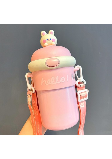 Velvettides Paslanmaz Çelik Termos Bardak Portatif Öğrenci Çapraz Boy Süper Sevimli Bardak Pembe