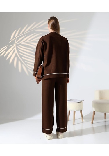 Kontrast Dikişli Kadın Triko Takım Kahverengi