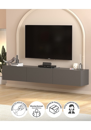 Bofigo Tv Ünitesi Tv Sehpası Düşer Kapaklı Tv Ünitesi Televizyon Sehpası 180 Cm Marvel Antrasit Antrasit