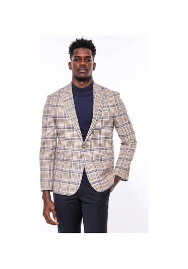 Wessi Ekose Desenli Slim Fit Kahverengi Mavi Erkek Ceket - Wessi Kahverengi - Mavi