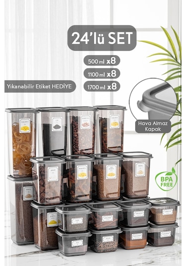 Meleni Home 24'lü Mega Set Pino Kare Erzak Saklama Kabı Seti Antrasit 8x 0,50 Lt-1,10 Lt -1,70 Lt Etiketli