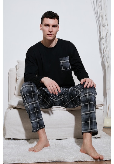 Buratti Ekoseli Cepli Beli Lastikli % 100 Pamuk Regular Fit Erkek Pijama Takımı 6572001 Siyah-Antrasit