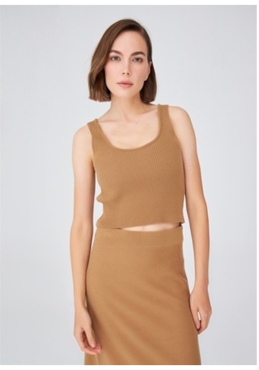 Peraluna Krop Fit Kadın Triko Atlet Camel Camel