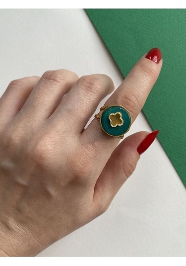 Vintage Gold Yonca Detaylı Yeşil Kararmaz Ayarlanabilir Çelik Yüz Altın