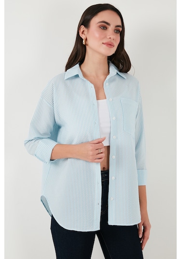 Lela Regular Fit Uzun Kollu Cepli Çizgili Bayan Gömlek 6772895 Bebe Mavi