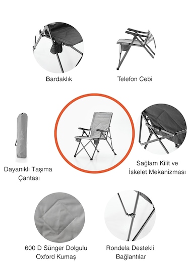 3 Kademe Yatabilen Sırtlı, Katlanabilir, Sünger Takviyeli 150 Kg