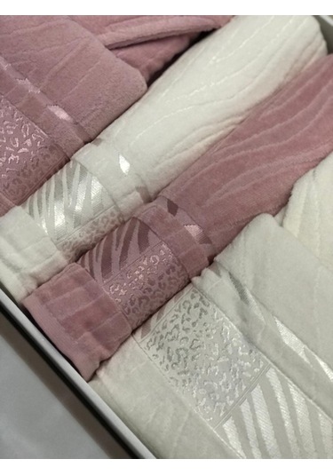 Durul Kadife Jakarlı Pamuklu 8 Parça Aile Bornoz Seti Pudra