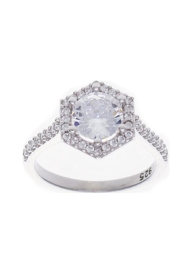 7mm Zirkon Taşlı Altıgen Model 925 Ayar Gümüş Kadın Tektaş Yüzük