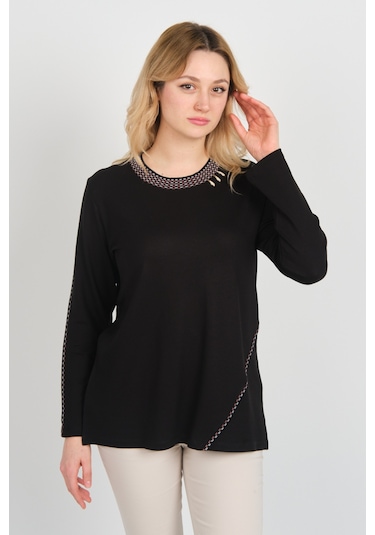 Detay Triko Kadın Yakası Ve Tek Kolu Desenli Taşlı Metal Aksesuarlı Anne Bluz 5714 Siyah Siyah