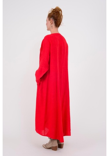 İtalyan V Yaka Uzun Kol Keten Elbise-8907 Kırmızı