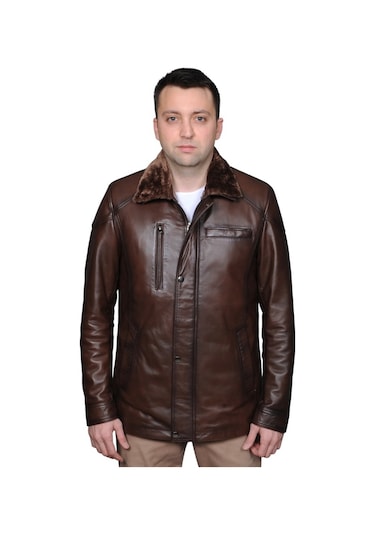 Derije Owen Hakiki Deri Erkek Kürklü Kestane Karartma Ceket-Mont-Kaban