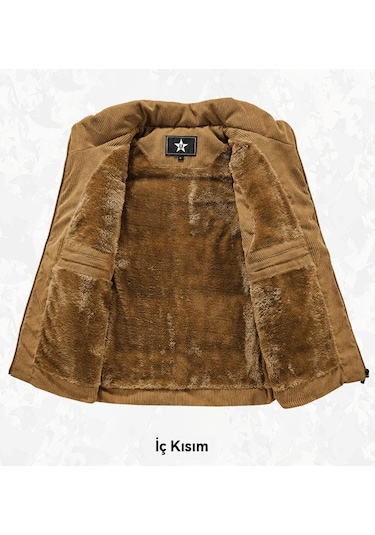 Polar Astarlı, Kalın Dik Yakalı, Sıcak Pamuklu Dolgulu Ceketli Erkek Kadife Yelek Siyah