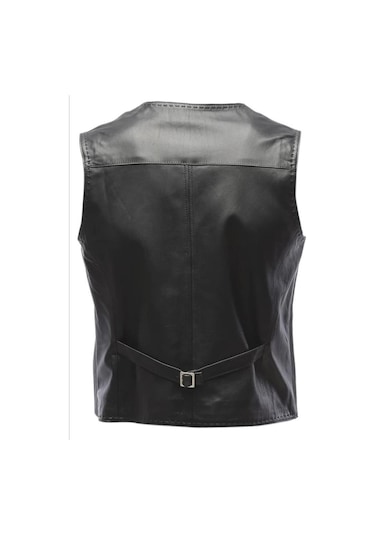 Hakiki Deri Siyah Üç Düğmeli Erkek Deri Yelek Siyah