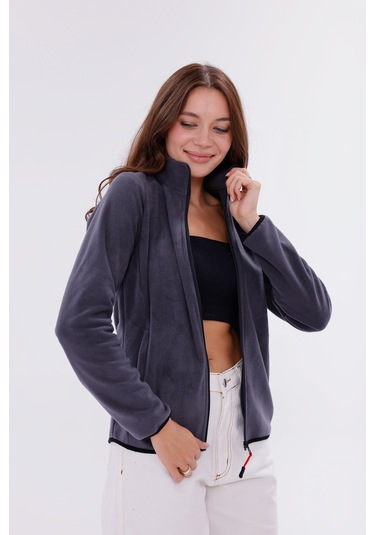 Monox Kadın Slim Fit Tam Fermuarlı Polar Ceket Füme