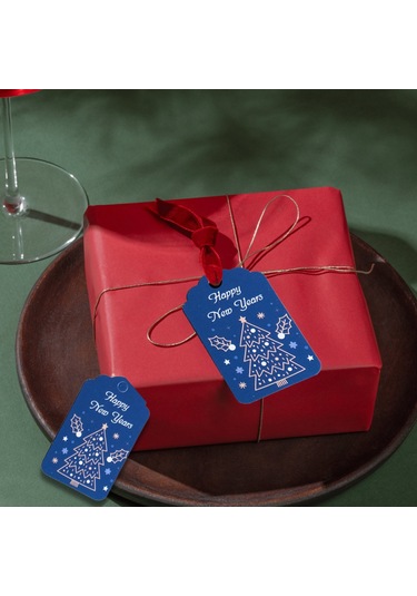 Yılbaşı Happy New Years Yazılı Hediye Etiketi, Çam Desenli Paketl
