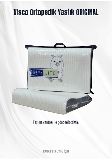 Visco Ortopedik Yastık Destekli Çift Yükseklik Yastık Taşıma Çantalı Beyaz Mavi