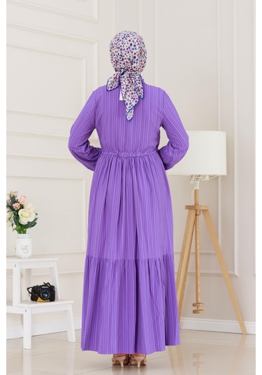 Gömlek Yaka Beli Tünelli Sare Elbise-mor-5069 Mor