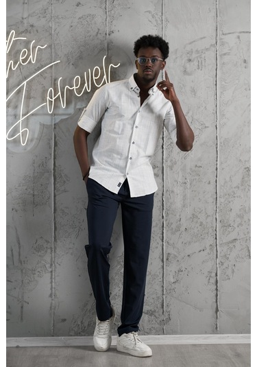 Advante İnce Çizgili Yaka Düğmeli Katlamalı Kol Pamuklu Slimfit Yazlık Keten Gömlek Mavi