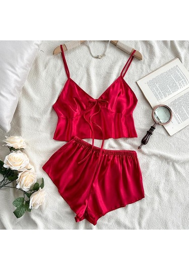 Buz İpek Atlet Pijama Kadın Moda İki Parça Ev Giyim İnce Ev Askılı Şort Takımı Kırmızı