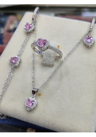 925 Ayar Gümüş Pembe Kalpli 4 'lü Gümüş Set, Kolye, Küpe, Yüzük V