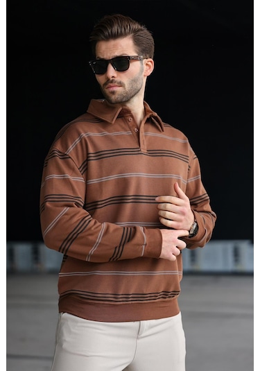 Madmext Kahverengi Çizgili Polo Yaka Erkek Sweatshirt E7172 Kahverengi