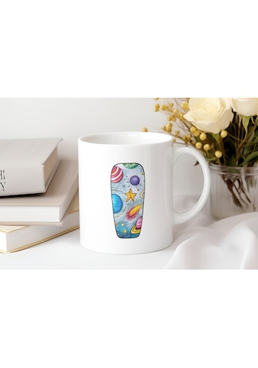 I Baş Harf Gezegen Desenli Kupa Bardak - Kişiye Özel Evren Temalı Kahve Çay Kupası - Gökyüzü Beyaz