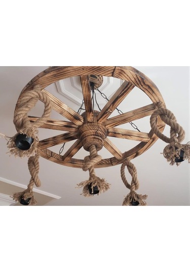 Otantik Çarşı Ahşap Halatlı Teker Avize 70 Cm. 5'Li