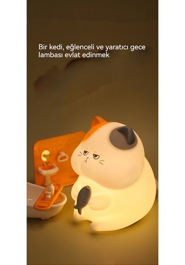 Yaratıcı Açgözlü Kedi Görseli Başucu Gece Lambası 035-1 Beyaz