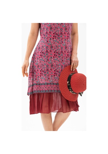 Kısa Kol Vual Defne Midi Boy Elbise Fuşya 6101