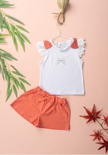 Fiyonklu Taş Baskılı Tshirt Şortlu Kız Çocuk 2'li Takım 2-5 Yaş