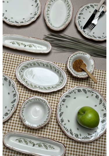 Tabak Evi Stoneware Flower Green Kahvaltı Takımı 6 Kişilik 14 Prç Beyaz - Yeşil
