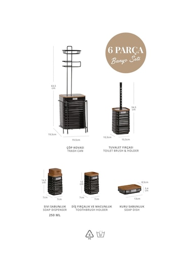 Okyanus Home Siyah Ahşap Desenli Luna Kare Yedekli Wc Kağıtlık Ve 6 Parça Banyo Seti