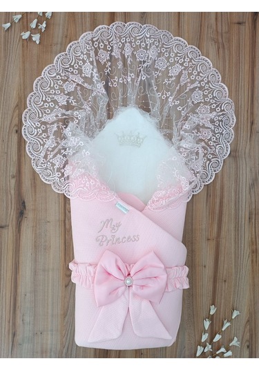 Dantelli Kız Bebek Battaniyesi Mevlütlük Hastane Çıkışı Yenidoğan %100 Pamuklu Organik Uyku Kundağı Pembe