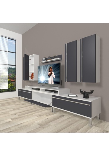 Decoraktiv Ekoflex 8d Mdf Krom Ayaklı Tv Ünitesi Tv Sehpası Beyaz - Antrasit