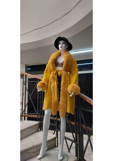 Pula Yakası Kolları Komple Kürklü Uzun Angora Kaban 110 Cm Sarı