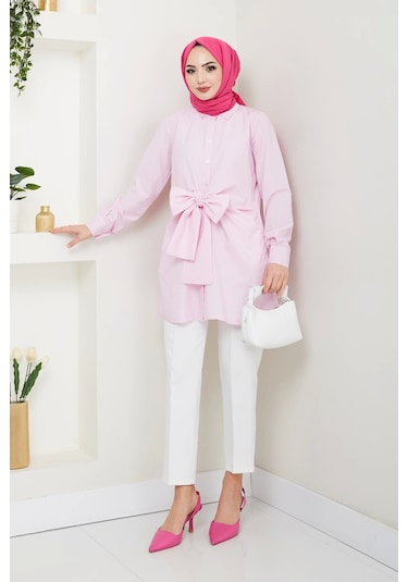 Çizgili Poplin Bağlamalı Gömlek - Pudra / Ü103 Pudra