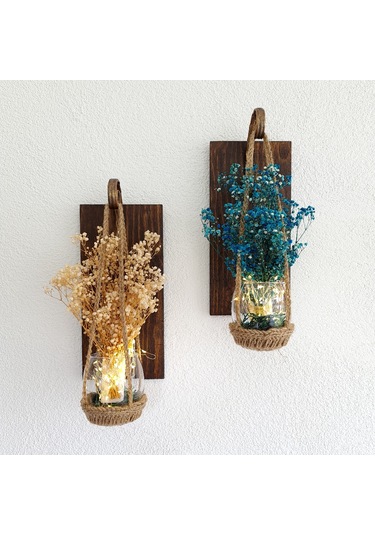 Duvar Dekoru, Led Işıklı, Mavi ve Beyaz Cipso Çiçekli, Ceviz Apl