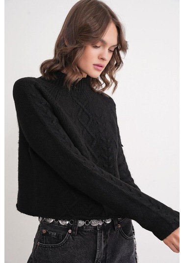 6855 Kadın Dik Yaka Saç Örgülü Triko Kazak Siyah Siyah