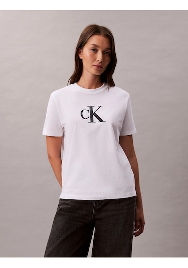 Calvin Klein Kısa Kollu Payetli Ck Grafikli Kadın Beyaz T-shirt Lv044e215g-yaa Beyaz